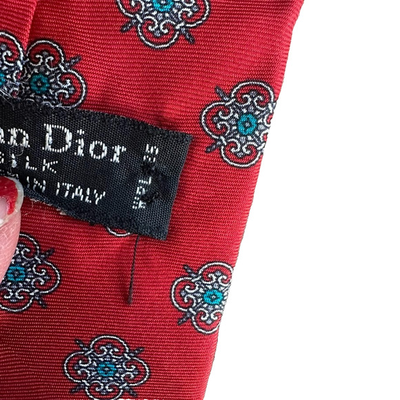 Christian Dior Red Silk Tie Geometric Diamond Pattern Woven Italy Made USA 3.5" - Picture 7 of 7